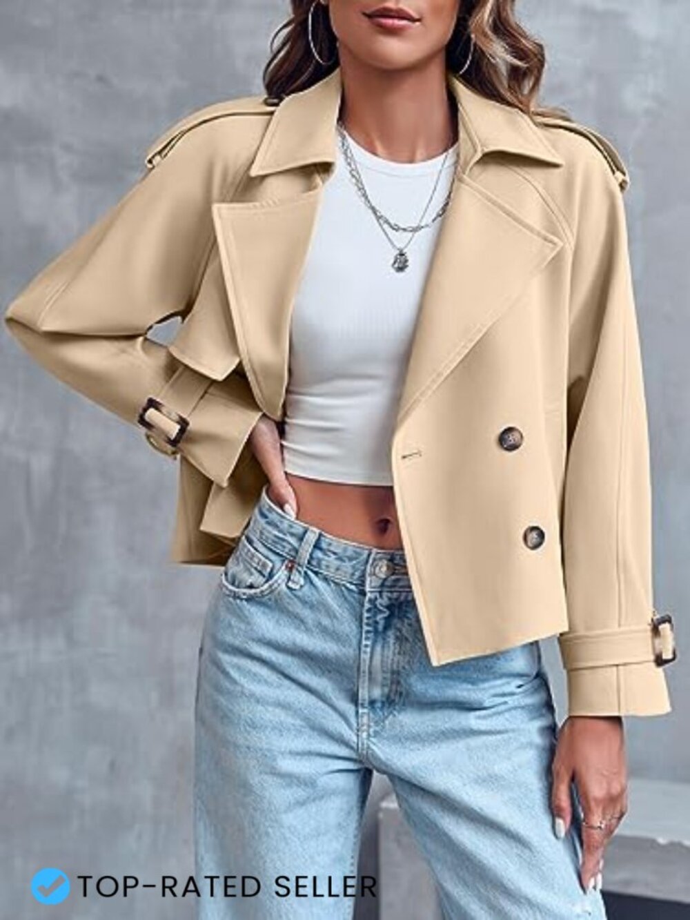 Cropped Double Breasted Trench Coat Raglan Sleeve Chic Work Office Jacket - Picture 2 of 7